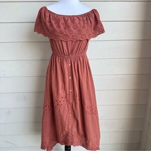 J. GEE Rust Eyelet Off Shoulder Midi Dress Women’s Size S 100% Cotton